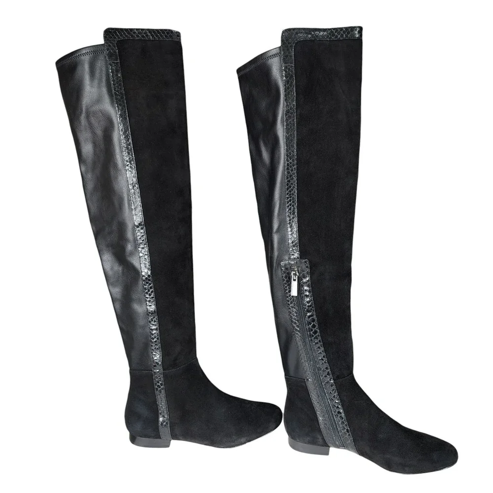 Vince Camuto Over The Knee Boot sz 6.5 Women Black Suede Leather Snakeskin Trim